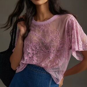 Anthropologie Short-Sleeve Embroidered Mesh Top in mauve size M